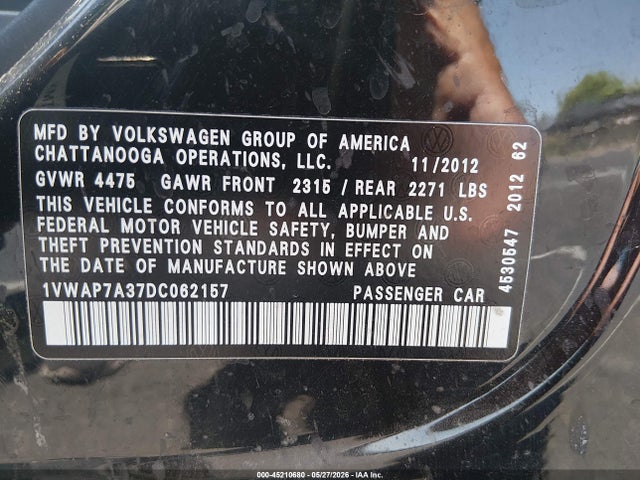 Aukcja sprzedaży 2013 Volkswagen Passat 2.5l S, vin: 1VWAP7A37DC062157, numer aukcji: 45210680