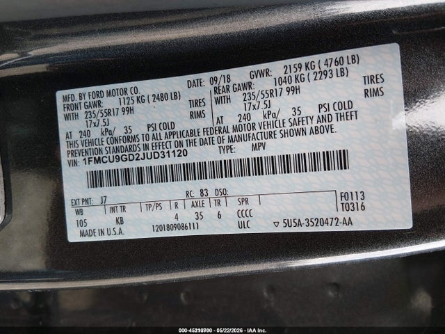 Aukcja sprzedaży 2018 Ford Escape Se, vin: 1FMCU9GD2JUD31120, numer aukcji: 45210700