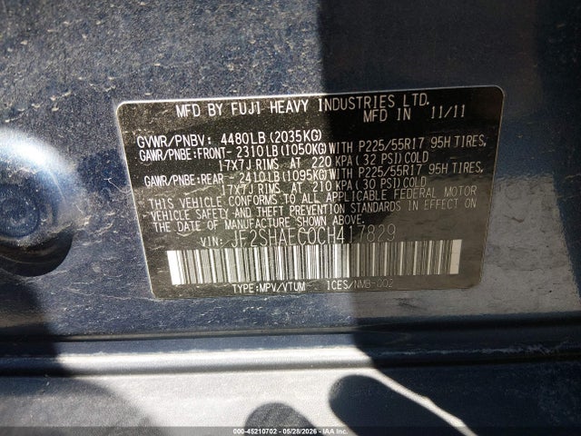 Продаж на аукціоні авто 2012 Subaru Forester 2.5x Limited, vin: JF2SHAEC0CH417829, номер лоту: 45210702