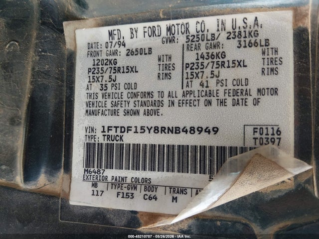 Aukcja sprzedaży 1994 Ford F150, vin: 1FTDF15Y8RNB48949, numer aukcji: 45210707