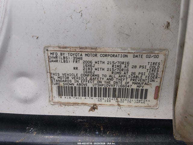 Aukcja sprzedaży 2000 Toyota Rav4, vin: JT3HP10VXY7166047, numer aukcji: 45210716