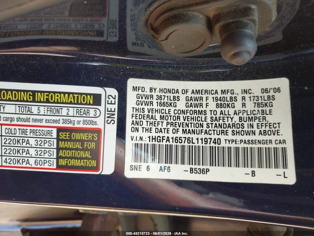 Продажа на аукционе авто 2006 Honda Civic Lx, vin: 1HGFA16576L119740, номер лота: 45210723
