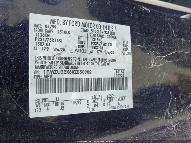 Продаж на аукціоні авто 1999 Ford Explorer Xl/xlt, vin: 1FMZU32X6XZB58982, номер лоту: 45210734