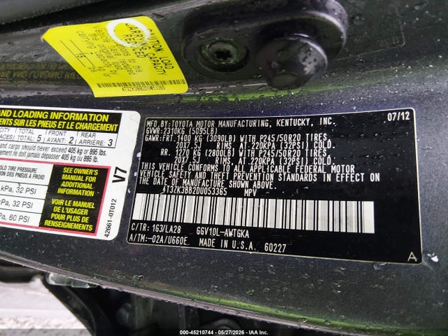 2013 Toyota Venza Xle V6 მანქანა იყიდება აუქციონზე, vin: 4T3ZK3BB2DU053365, აუქციონის ნომერი: 45210744