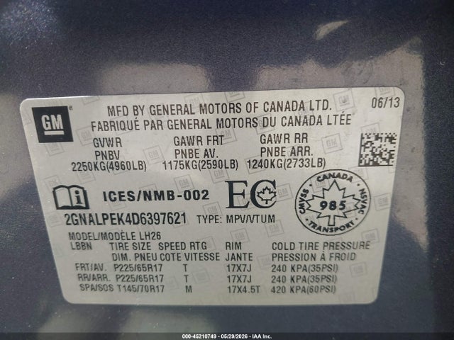 2013 Chevrolet Equinox 2lt მანქანა იყიდება აუქციონზე, vin: 2GNALPEK4D6397621, აუქციონის ნომერი: 45210749
