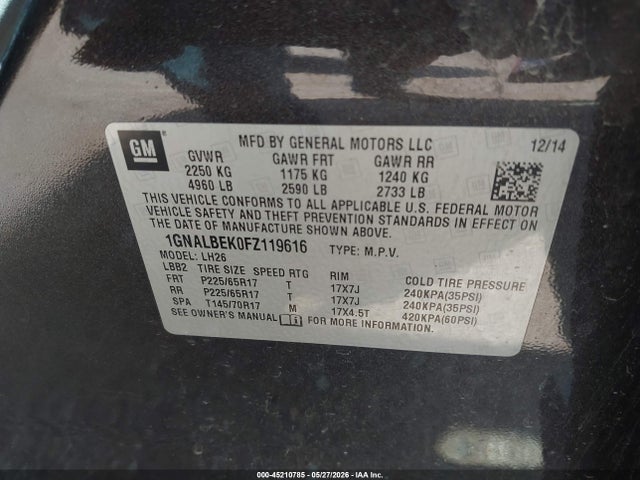 Продаж на аукціоні авто 2015 Chevrolet Equinox 1lt, vin: 1GNALBEK0FZ119616, номер лоту: 45210785
