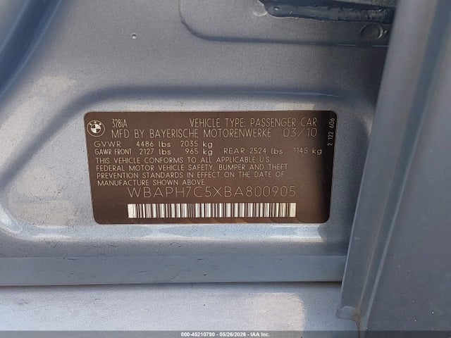 2011 Bmw 328i მანქანა იყიდება აუქციონზე, vin: WBAPH7C5XBA800905, აუქციონის ნომერი: 45210790