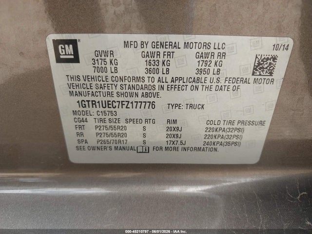 Aukcja sprzedaży 2015 Gmc Sierra 1500 Sle, vin: 1GTR1UEC7FZ177776, numer aukcji: 45210797