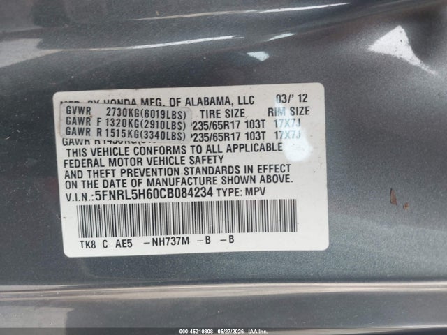 Aukcja sprzedaży 2012 Honda Odyssey Ex-l, vin: 5FNRL5H60CB084234, numer aukcji: 45210808