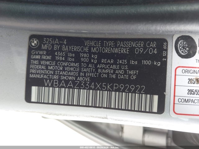Aukcja sprzedaży 2005 Bmw 325i, vin: WBAAZ334X5KP92922, numer aukcji: 45210810
