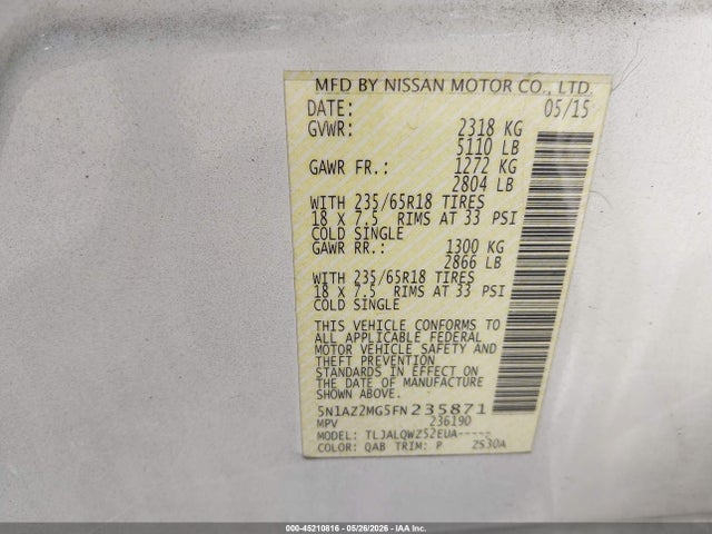 Продаж на аукціоні авто 2015 Nissan Murano Sv, vin: 5N1AZ2MG5FN235871, номер лоту: 45210816