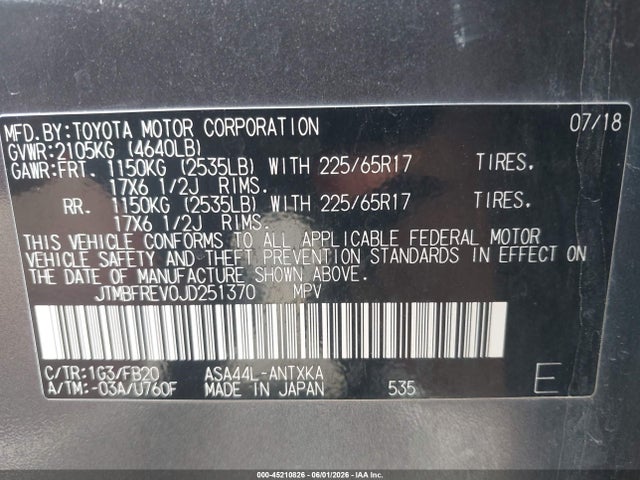 Aukcja sprzedaży 2018 Toyota Rav4 Le, vin: JTMBFREV0JD251370, numer aukcji: 45210826