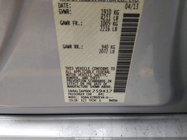 2013 Nissan Altima 2.5 S მანქანა იყიდება აუქციონზე, vin: 1N4AL3AP6DC259417, აუქციონის ნომერი: 45210831