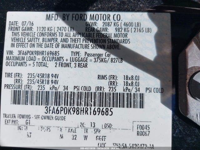 Aukcja sprzedaży 2017 Ford Fusion Titanium, vin: 3FA6P0K98HR169685, numer aukcji: 45210839
