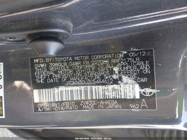 Aukcja sprzedaży 2012 Toyota Prius Two, vin: JTDKN3DU3C5464612, numer aukcji: 45210845