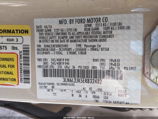 45210847 :رقم المزاد ، 3LN6L2JK5ER832482 vin ، 2014 Lincoln Mkz مزاد بيع