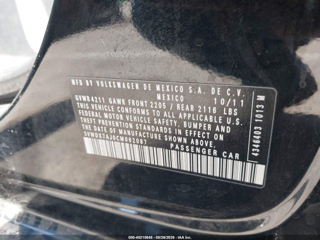 45210848 :رقم المزاد ، 3VWDX7AJ0CM062087 vin ، 2012 Volkswagen Jetta 2.5l Se مزاد بيع