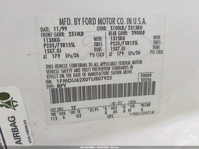 Aukcja sprzedaży 2000 Ford Explorer Xls, vin: 1FMDU62X0YUB07925, numer aukcji: 45210864