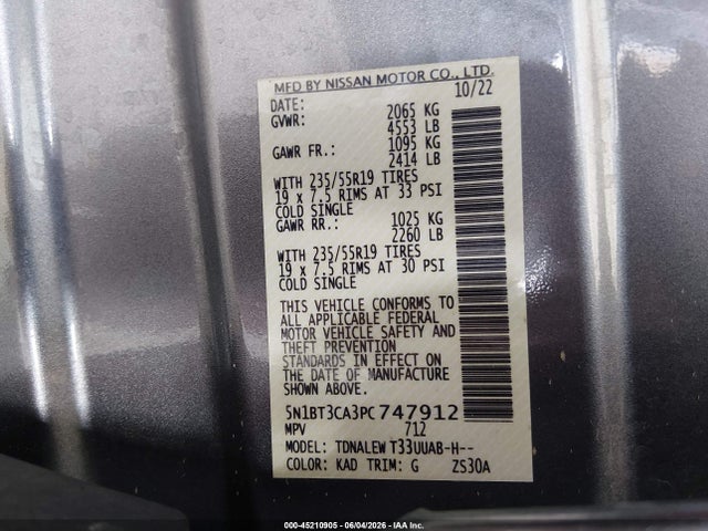 45210905 :رقم المزاد ، 5N1BT3CA3PC747912 vin ، 2023 Nissan Rogue Sl Fwd مزاد بيع