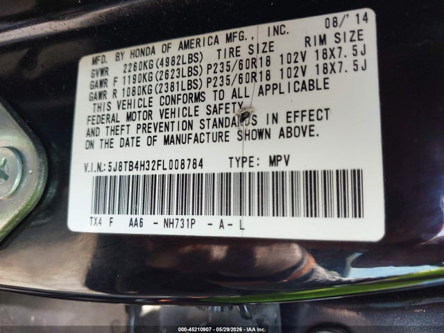 2015 Acura Rdx მანქანა იყიდება აუქციონზე, vin: 5J8TB4H32FL008784, აუქციონის ნომერი: 45210907