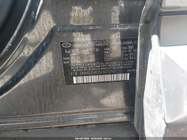 Aukcja sprzedaży 2020 Hyundai Santa Fe Sel, vin: 5NMS33AD5LH270767, numer aukcji: 45210909