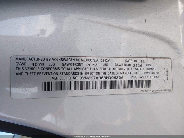 45210928 :رقم المزاد ، 3VW2K7AJ6BM396306 vin ، 2011 Volkswagen Jetta 2.0l S مزاد بيع