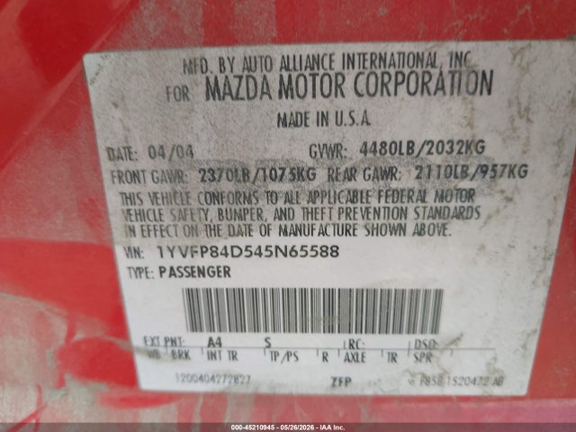 Aukcja sprzedaży 2004 Mazda Mazda6 S, vin: 1YVFP84D545N65588, numer aukcji: 45210945