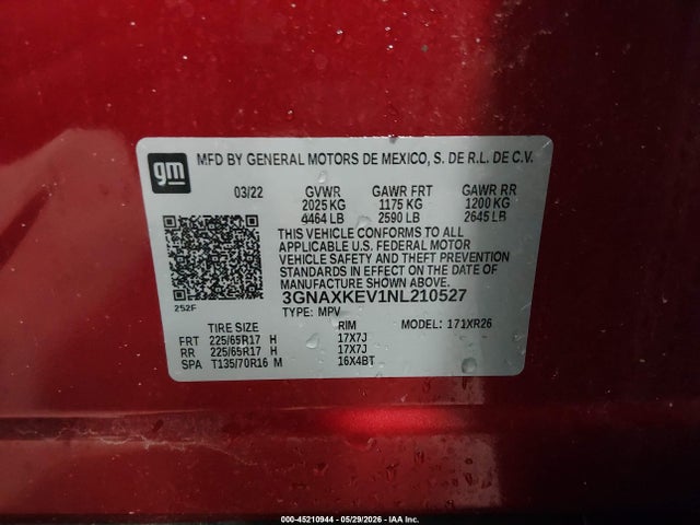 45210944 :رقم المزاد ، 3GNAXKEV1NL210527 vin ، 2022 Chevrolet Equinox Fwd Lt مزاد بيع