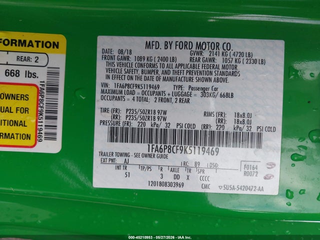 Продажа на аукционе авто 2019 Ford Mustang Gt Premium, vin: 1FA6P8CF9K5119469, номер лота: 45210953