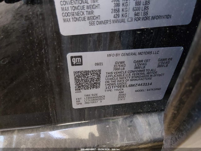 Aukcja sprzedaży 2021 Gmc Sierra 1500 4wd  Short Box At4, vin: 1GTP9EEL6MZ443114, numer aukcji: 45210957