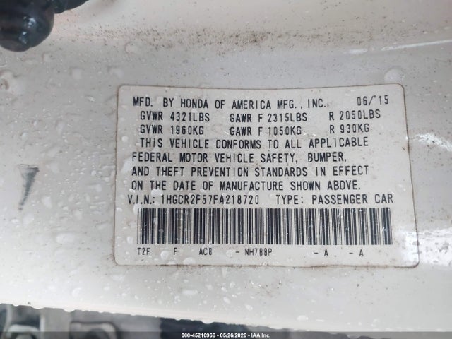 2015 Honda Accord Sport მანქანა იყიდება აუქციონზე, vin: 1HGCR2F57FA218720, აუქციონის ნომერი: 45210966