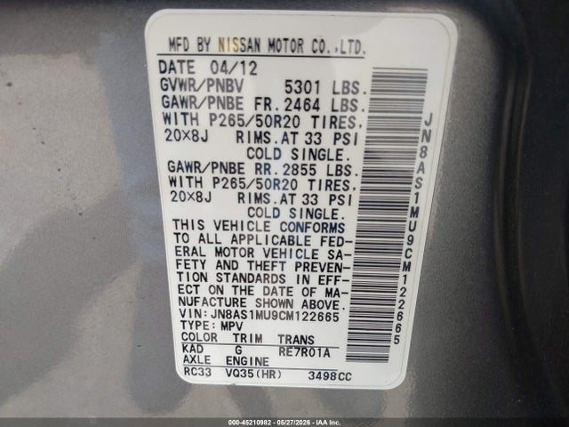 Продаж на аукціоні авто 2012 Infiniti Fx35, vin: JN8AS1MU9CM122665, номер лоту: 45210982