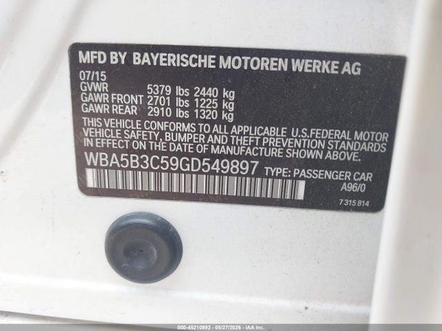 2016 Bmw 535i Xdrive მანქანა იყიდება აუქციონზე, vin: WBA5B3C59GD549897, აუქციონის ნომერი: 45210992
