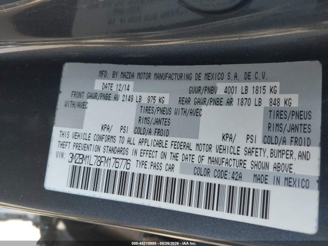 Aukcja sprzedaży 2015 Mazda Mazda3 I Touring, vin: 3MZBM1L78FM176776, numer aukcji: 45210995