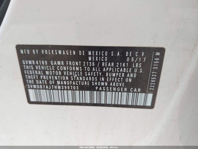 Aukcja sprzedaży 2017 Volkswagen Jetta 1.4t Se, vin: 3VWDB7AJ7HM399703, numer aukcji: 45210999