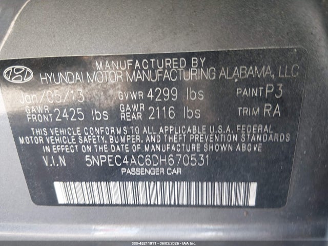 Продажа на аукционе авто 2013 Hyundai Sonata Limited, vin: 5NPEC4AC6DH670531, номер лота: 45211011