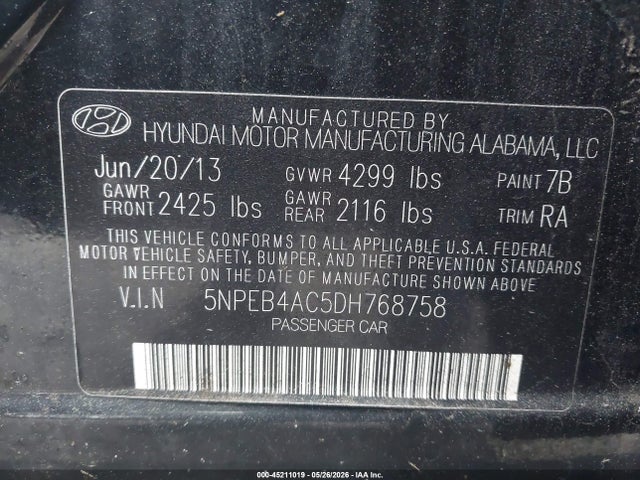 45211019 :رقم المزاد ، 5NPEB4AC5DH768758 vin ، 2013 Hyundai Sonata Gls مزاد بيع