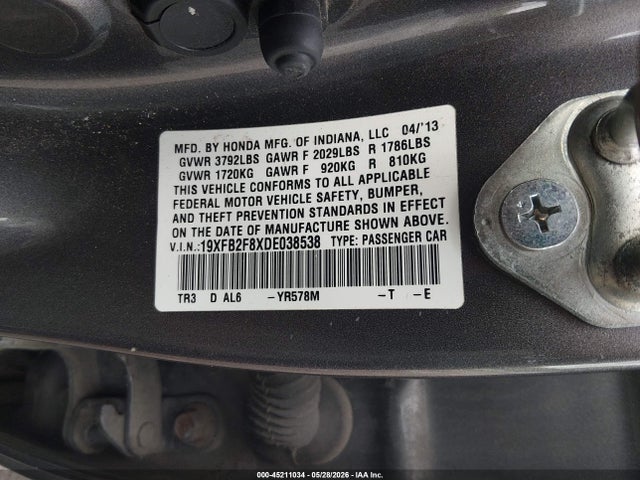 Продаж на аукціоні авто 2013 Honda Civic Ex, vin: 19XFB2F8XDE038538, номер лоту: 45211034