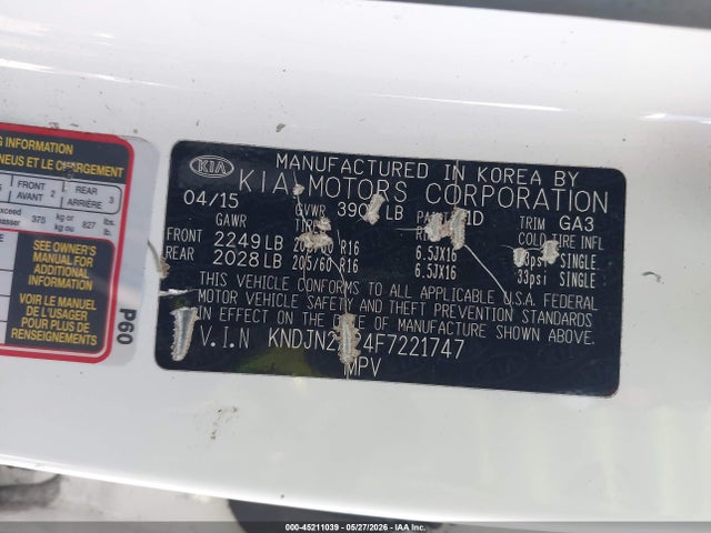 2015 Kia Soul მანქანა იყიდება აუქციონზე, vin: KNDJN2A24F7221747, აუქციონის ნომერი: 45211039