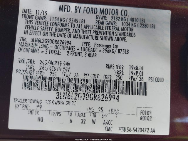45211041 :رقم المزاد ، 3LN6L2G90GR626994 vin ، 2016 Lincoln Mkz مزاد بيع