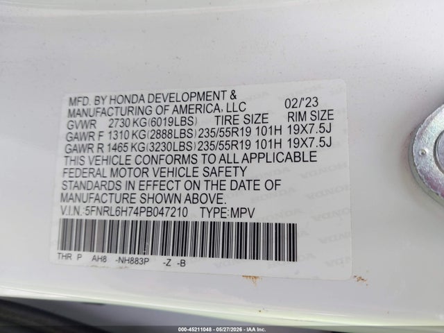5FNRL6H74PB047210 Honda Odyssey Sport