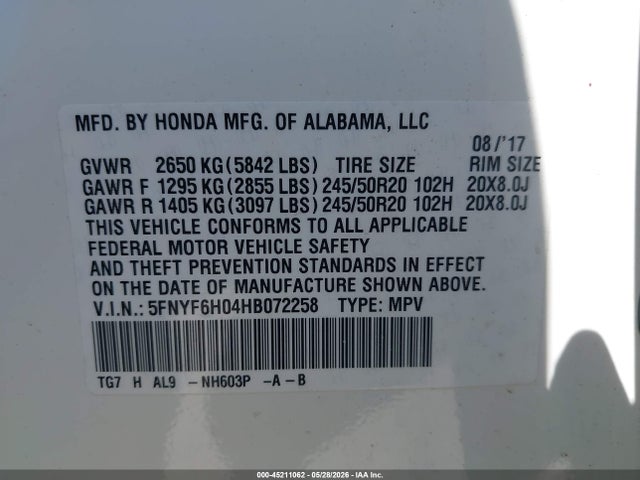Aukcja sprzedaży 2017 Honda Pilot Elite, vin: 5FNYF6H04HB072258, numer aukcji: 45211062