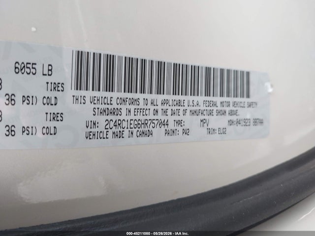 45211080 :رقم المزاد ، 2C4RC1EG6HR757044 vin ، 2017 Chrysler Pacifica Touring-l Plus مزاد بيع