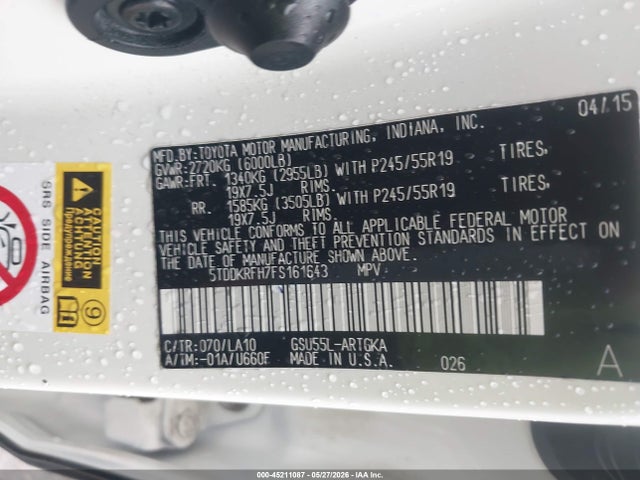 Продажа на аукционе авто 2015 Toyota Highlander Limited V6, vin: 5TDDKRFH7FS161643, номер лота: 45211087