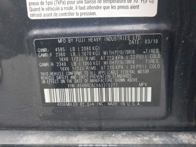 Продажа на аукционе авто 2010 Subaru Outback 2.5i, vin: 4S4BRCACXA3370277, номер лота: 45211091