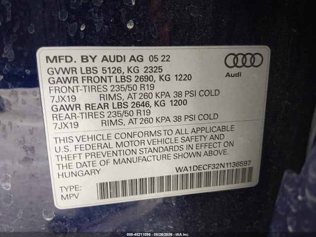 WA1DECF32N1136597 Audi Q3 Premium 45 Tfsi S Line Quattro Tiptronic