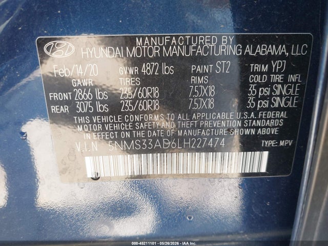 Продаж на аукціоні авто 2020 Hyundai Santa Fe Sel, vin: 5NMS33AD6LH227474, номер лоту: 45211101