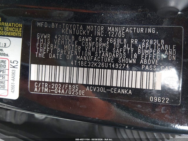 Aukcja sprzedaży 2006 Toyota Camry Std, vin: 4T1BE32K26U149274, numer aukcji: 45211104