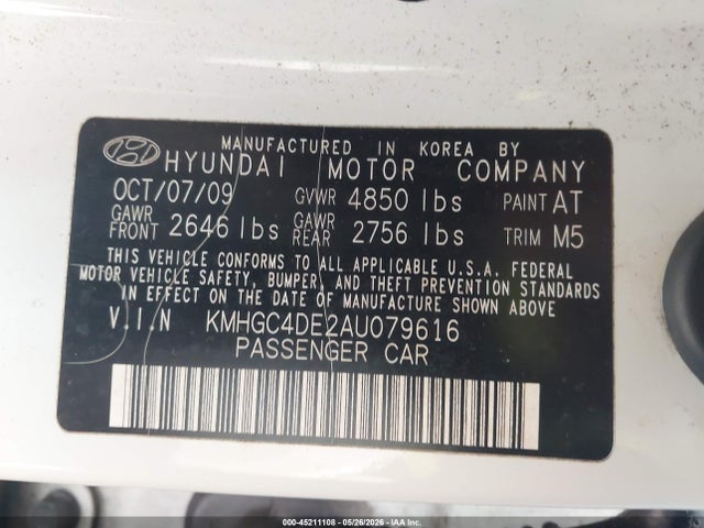Aukcja sprzedaży 2010 Hyundai Genesis 3.8, vin: KMHGC4DE2AU079616, numer aukcji: 45211108