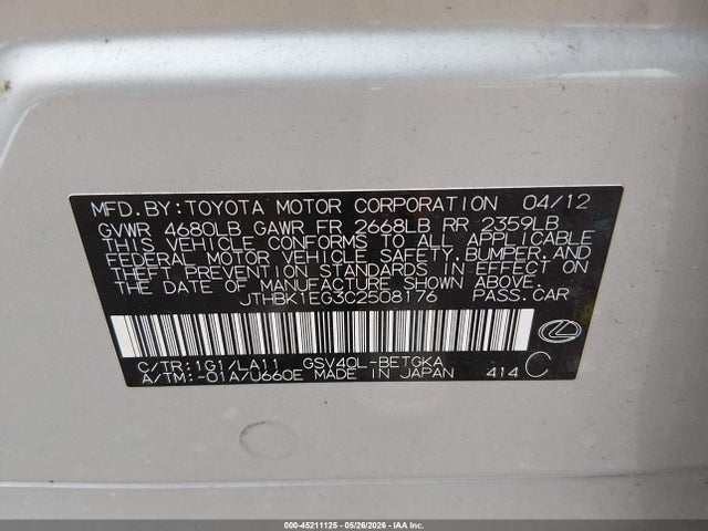 Aukcja sprzedaży 2012 Lexus Es 350, vin: JTHBK1EG3C2508176, numer aukcji: 45211125